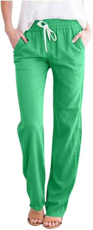 BZGTZT Women Summer Linen Pants Casual Loose Drawstring Elastic High Waist Comfy Trousers Straight Leg Long Pant with Pocket