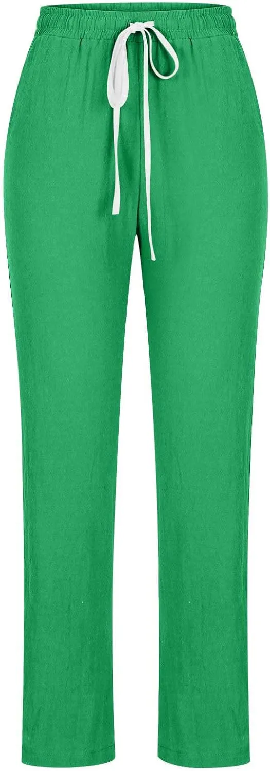 BZGTZT Women Summer Linen Pants Casual Loose Drawstring Elastic High Waist Comfy Trousers Straight Leg Long Pant with Pocket