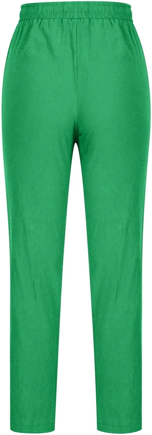 BZGTZT Women Summer Linen Pants Casual Loose Drawstring Elastic High Waist Comfy Trousers Straight Leg Long Pant with Pocket