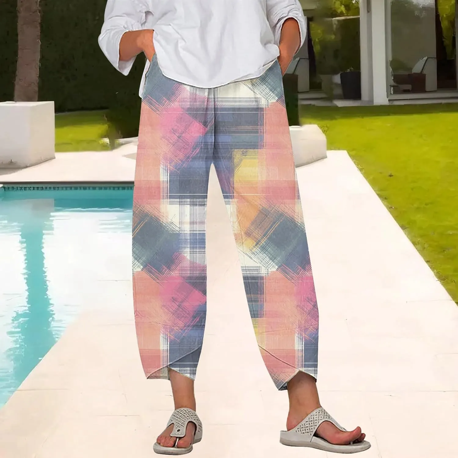 Capri Linen Pants for Women Summer Casual Wide Leg Pants Loose Fit Palazzo Trousers Elastic Waist Cropped Trousers