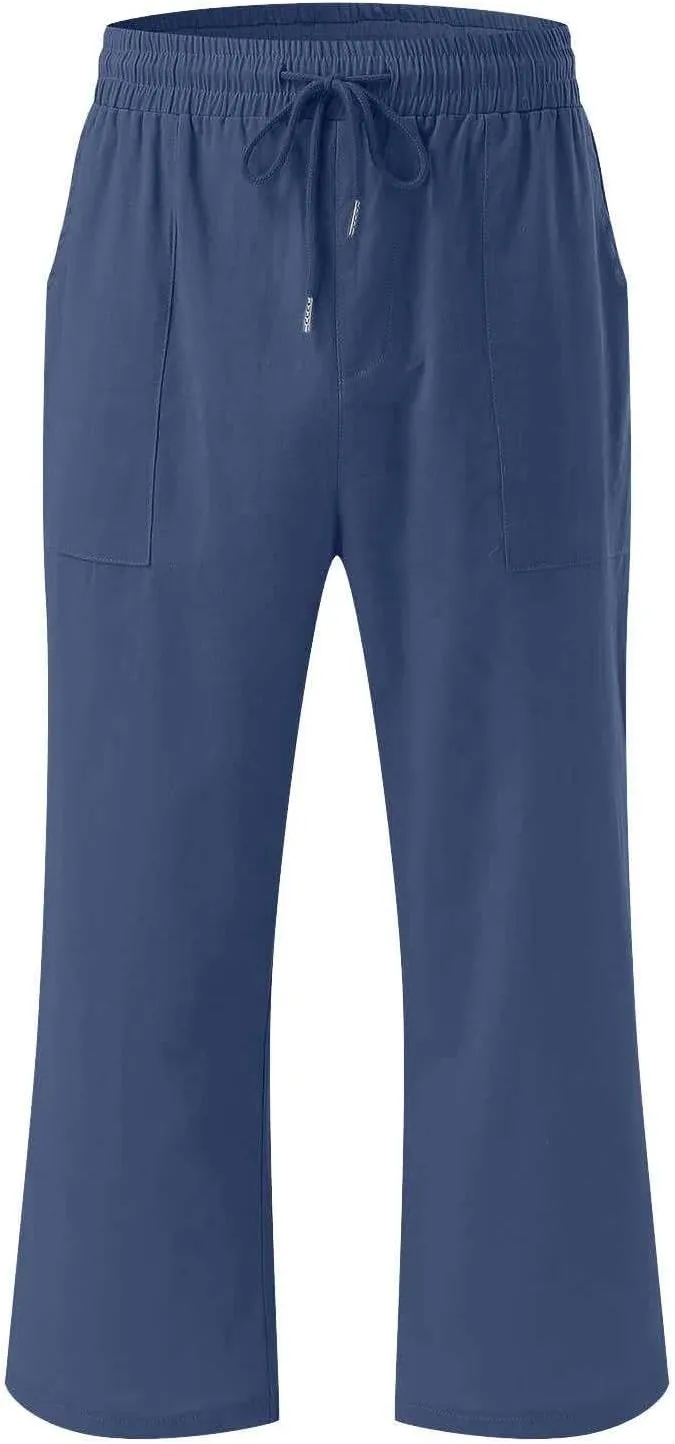 Capri Pants for Women 2024 Summer Casual Drawstring High Waist Linen Pants Straight Wide Leg Capris Cropped Trousers