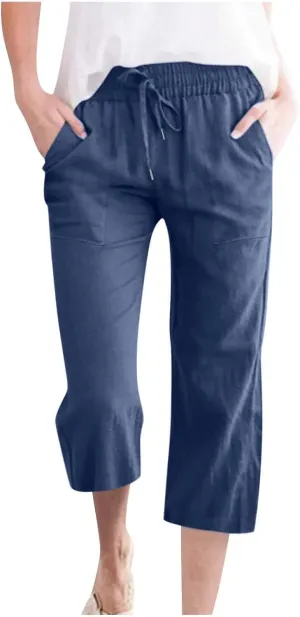 Capri Pants for Women 2024 Summer Casual Drawstring High Waist Linen Pants Straight Wide Leg Capris Cropped Trousers