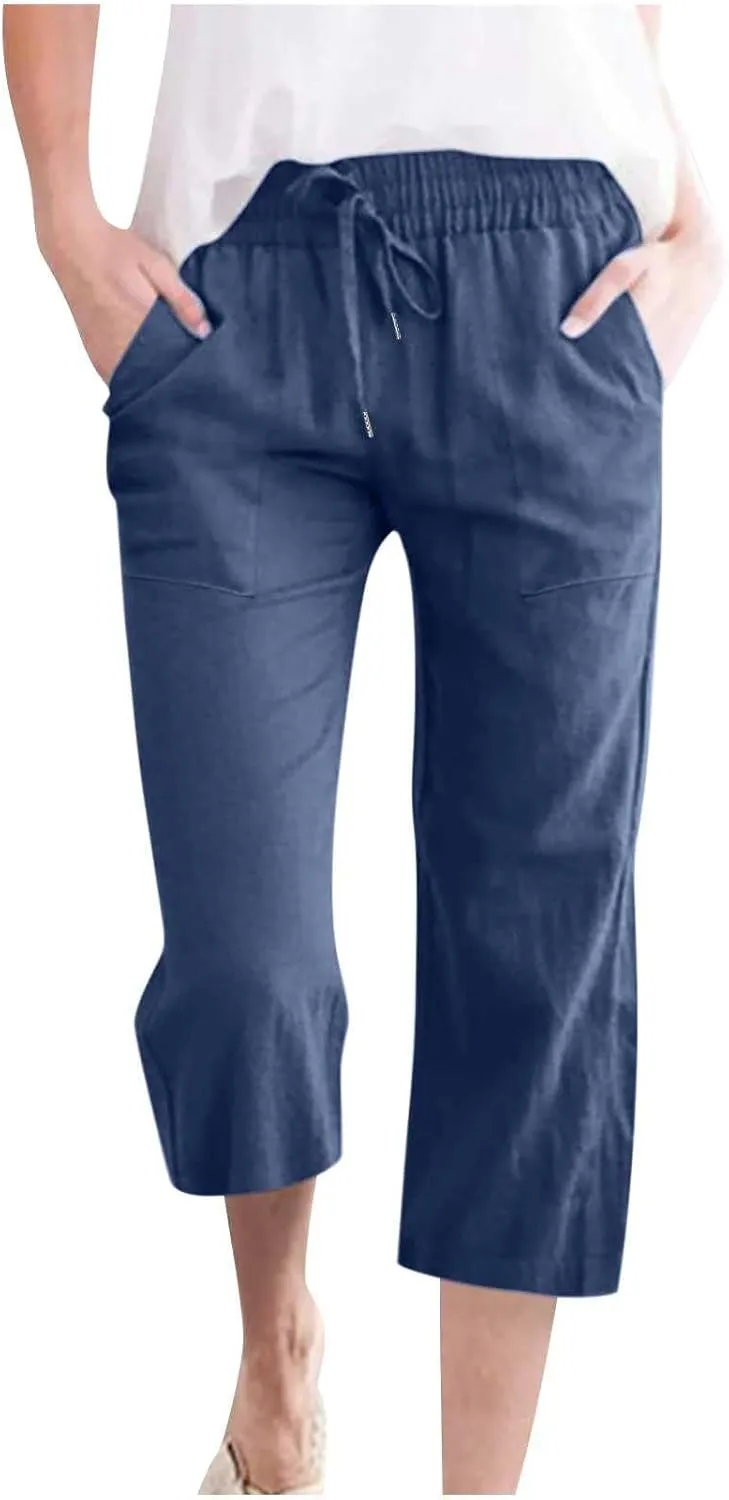 Capri Pants for Women 2024 Summer Casual Drawstring High Waist Linen Pants Straight Wide Leg Capris Cropped Trousers