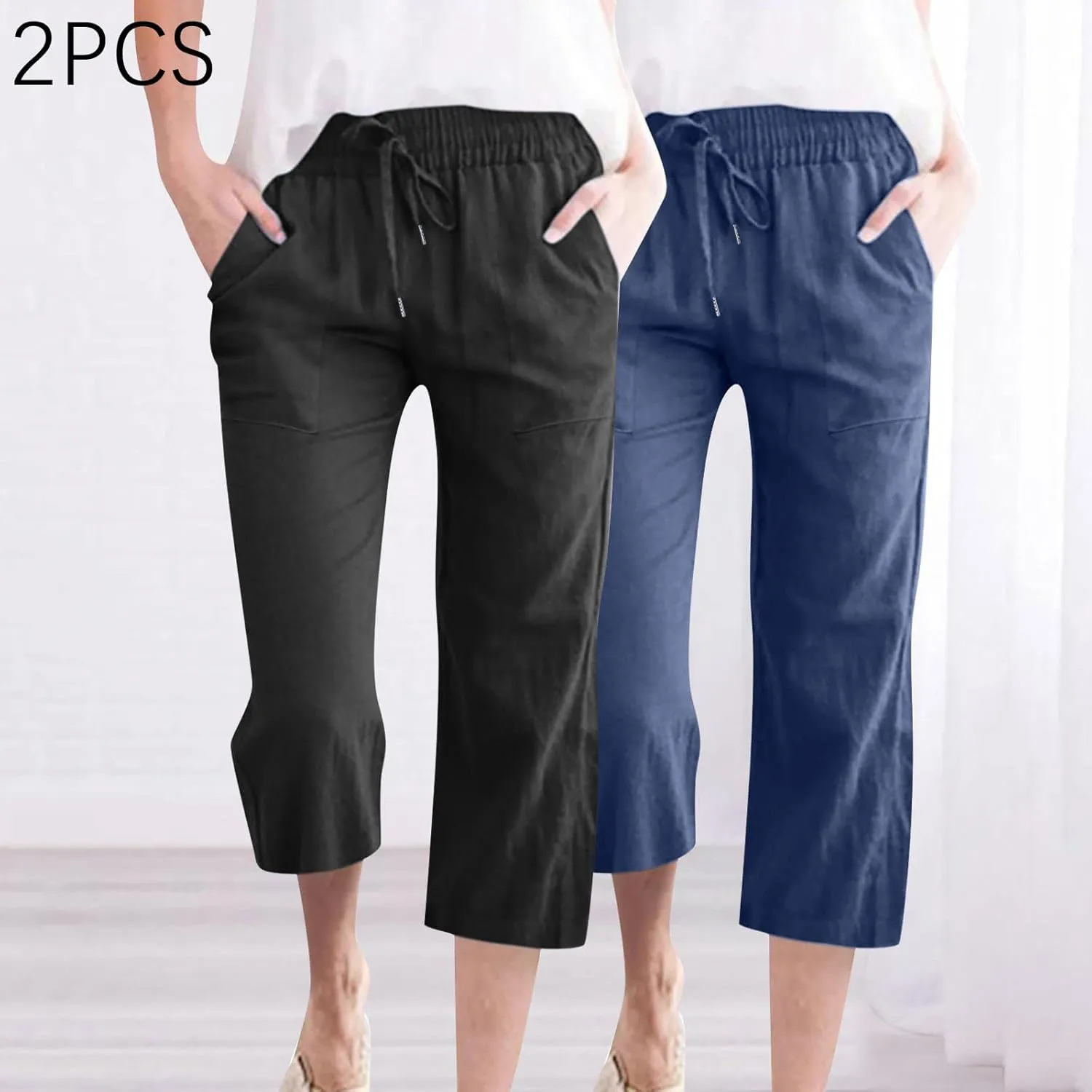 Capri Pants for Women Casual 2025 Dressy High Waisted Linen Pants Summer Beach Straight Leg Trousers with Pockets