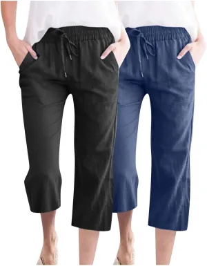 Capri Pants for Women Casual 2025 Dressy High Waisted Linen Pants Summer Beach Straight Leg Trousers with Pockets