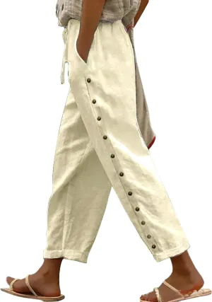 Capri Pants for Women Cotton Linen Capris with Pockets Drawstring Elastic Waisted Side Button Casual Cropped Pants
