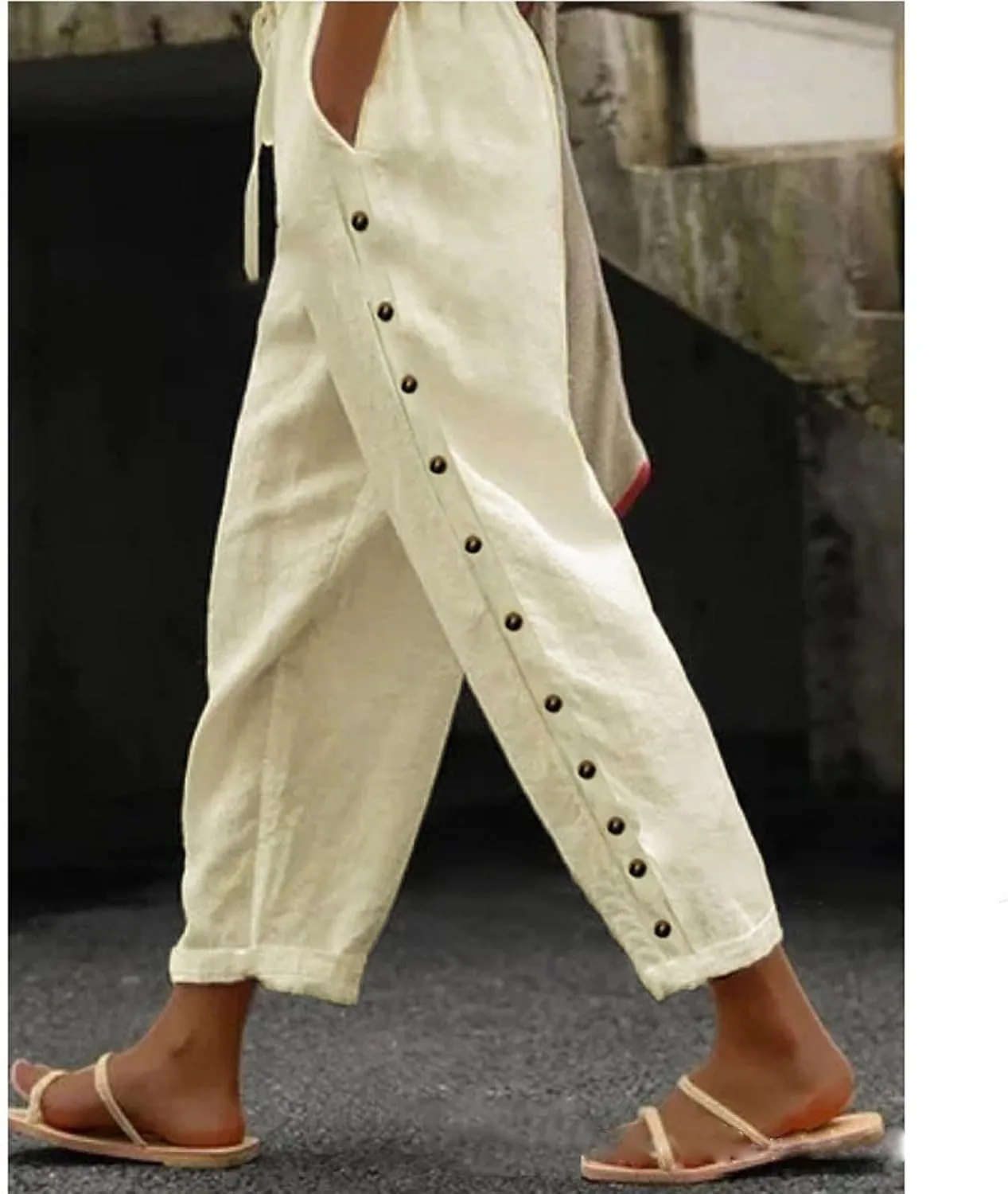 Capri Pants for Women Cotton Linen Capris with Pockets Drawstring Elastic Waisted Side Button Casual Cropped Pants