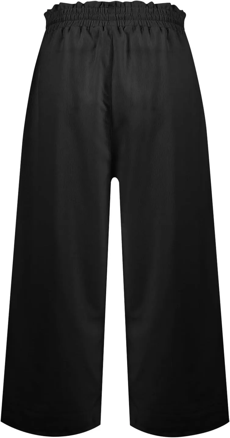Capri Pants for Women Elastic High Wasited Ruffle Straight Leg Linen Pants with Pockets Casual Loose Fit Beach Trouser