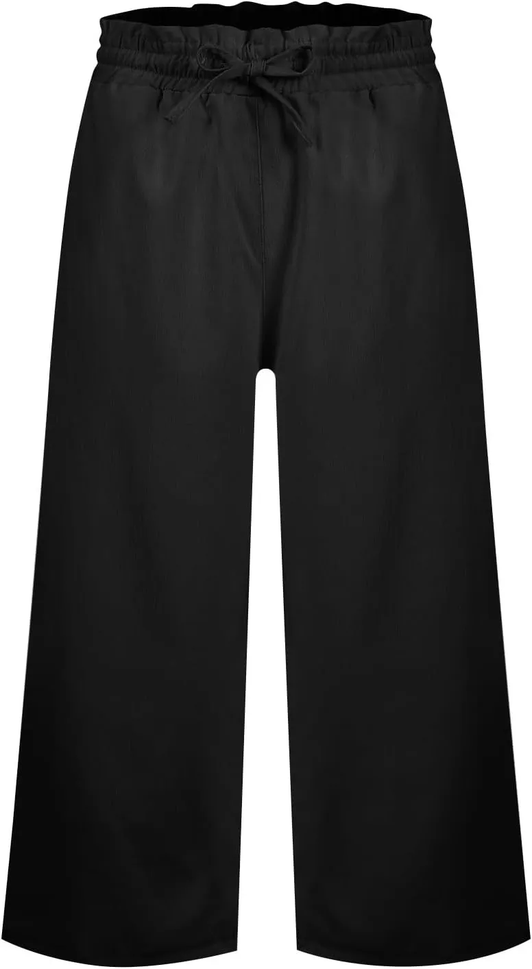 Capri Pants for Women Elastic High Wasited Ruffle Straight Leg Linen Pants with Pockets Casual Loose Fit Beach Trouser