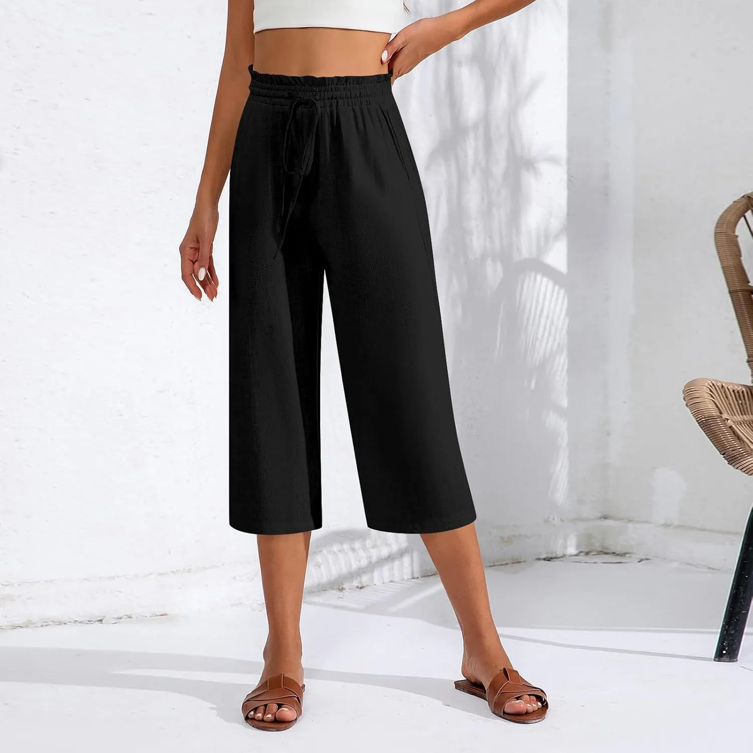 Capri Pants for Women Elastic High Wasited Ruffle Straight Leg Linen Pants with Pockets Casual Loose Fit Beach Trouser