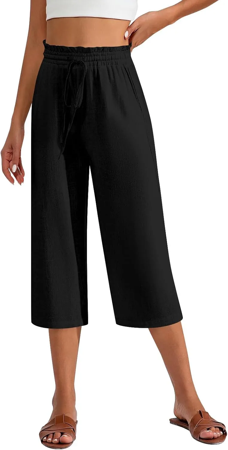 Capri Pants for Women Elastic High Wasited Ruffle Straight Leg Linen Pants with Pockets Casual Loose Fit Beach Trouser