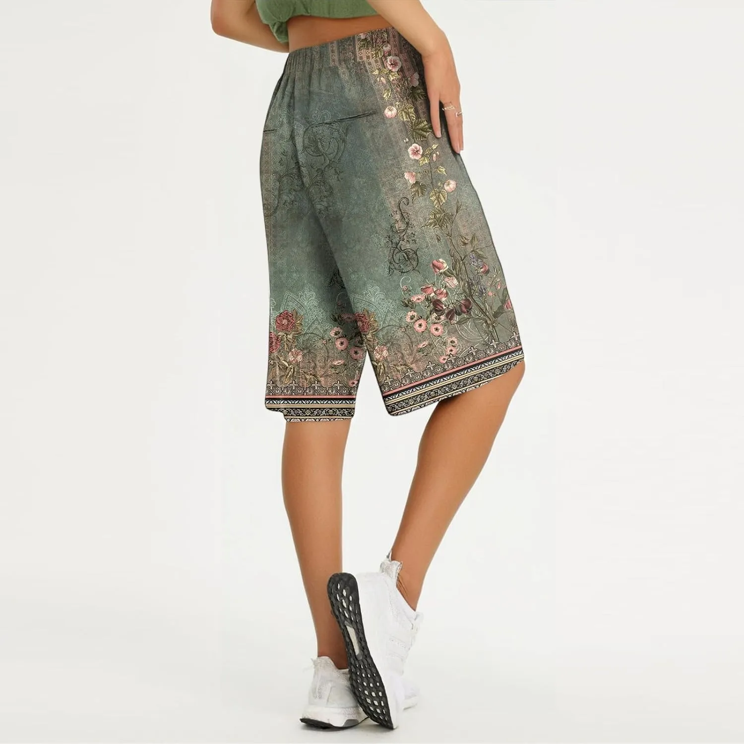 Capri Pants for Women Wide Leg Knee Length Boho Floral Summer Bermuda Shorts Cotton Linen Trousers with Pockets