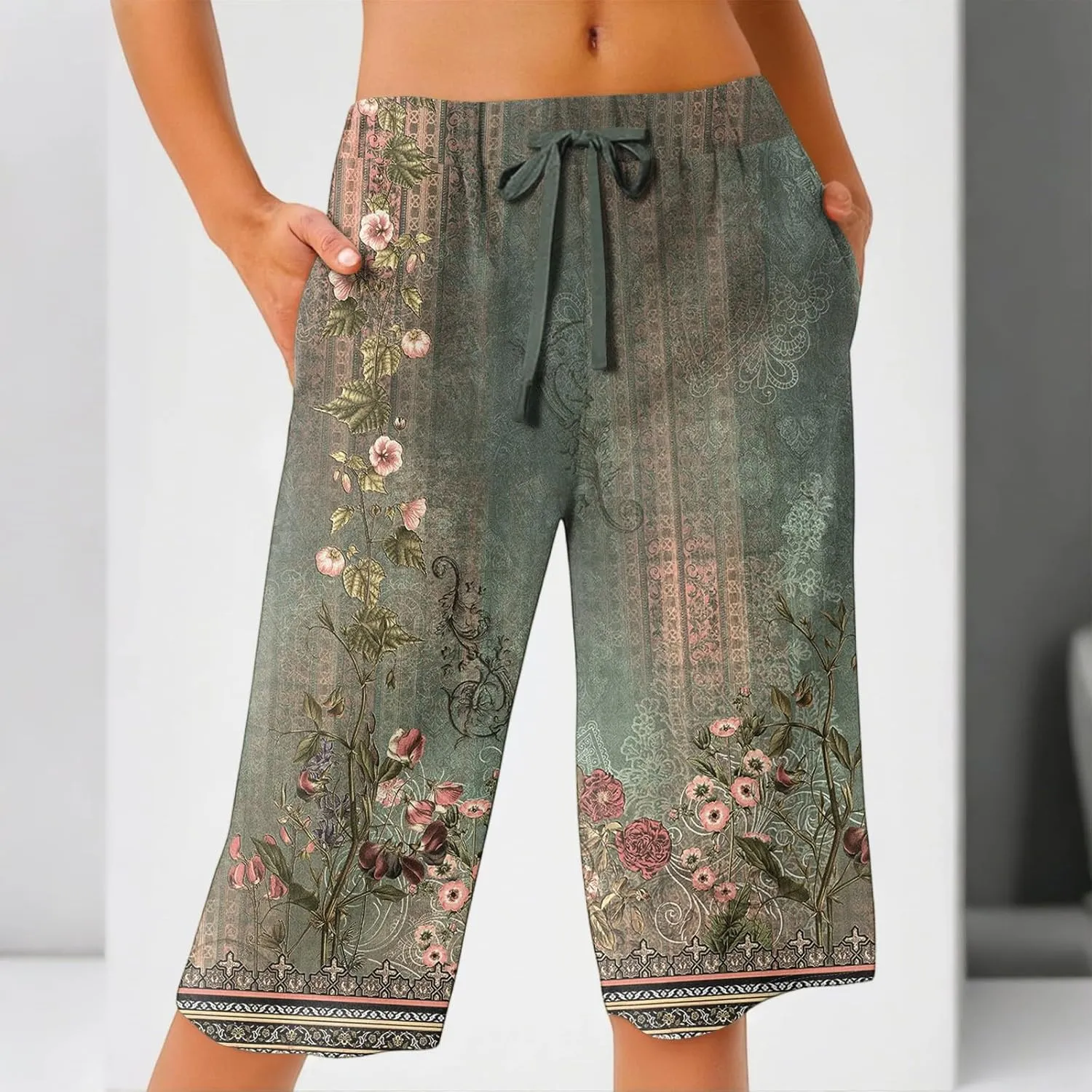 Capri Pants for Women Wide Leg Knee Length Boho Floral Summer Bermuda Shorts Cotton Linen Trousers with Pockets
