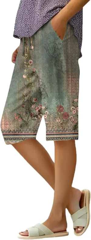 Capri Pants for Women Wide Leg Knee Length Boho Floral Summer Bermuda Shorts Cotton Linen Trousers with Pockets