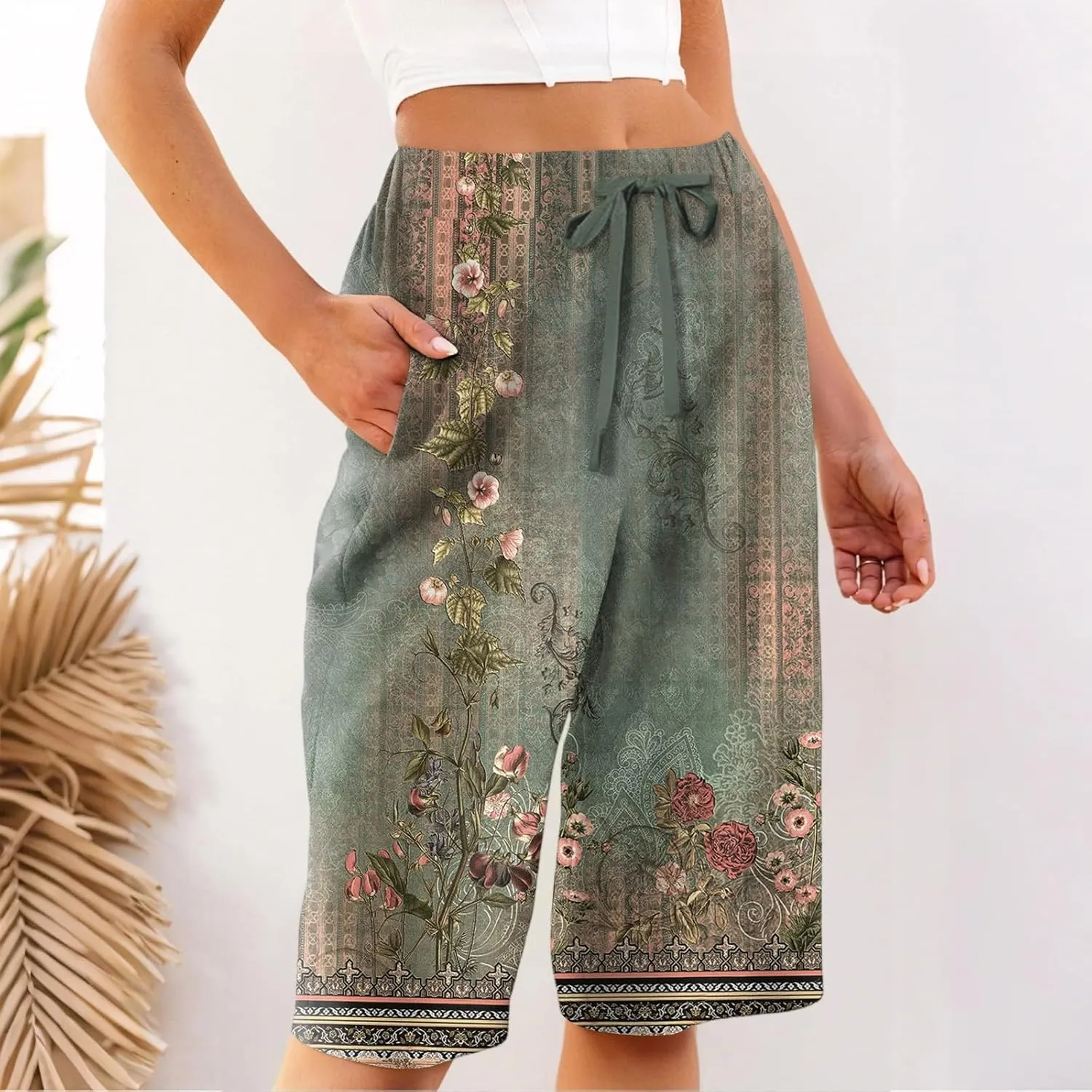 Capri Pants for Women Wide Leg Knee Length Boho Floral Summer Bermuda Shorts Cotton Linen Trousers with Pockets
