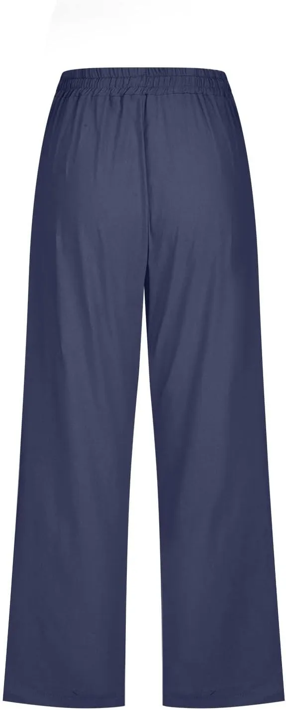 Casual Capri Pants for Women Summer Cotton Linen Cropped Pants Elastic High Waist Trousers Straight Wide Leg Pants