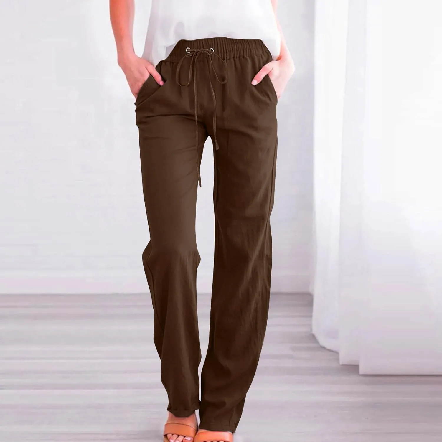 Casual Linen Pants Women Lounge Pants High Waist Drawstring Loose Fit 2025 Summer Trousers with Side Pockets Slacks