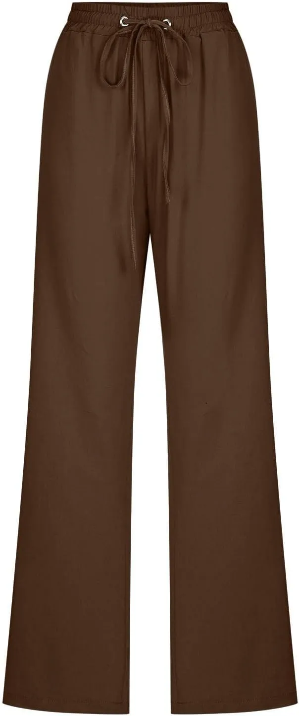 Casual Linen Pants Women Lounge Pants High Waist Drawstring Loose Fit 2025 Summer Trousers with Side Pockets Slacks