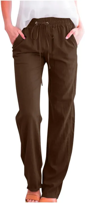 Casual Linen Pants Women Lounge Pants High Waist Drawstring Loose Fit 2025 Summer Trousers with Side Pockets Slacks