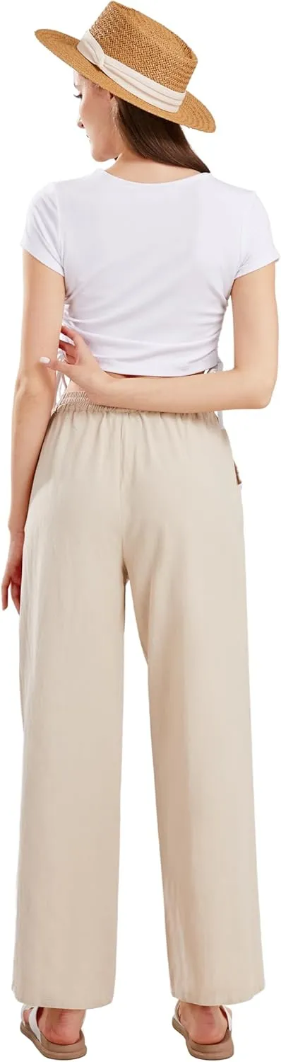 CHARTOU Women's Summer Drawstring Waist Wide Leg Loose Cotton Linen Palazzo Pants