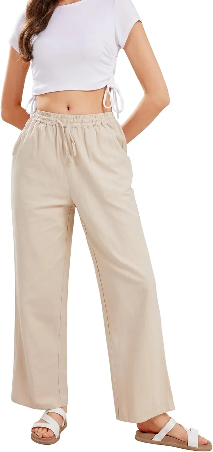 CHARTOU Women's Summer Drawstring Waist Wide Leg Loose Cotton Linen Palazzo Pants