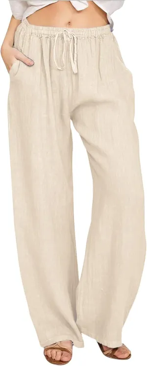 CHARTOU Women's Summer Drawstring Waist Wide Leg Loose Cotton Linen Palazzo Pants