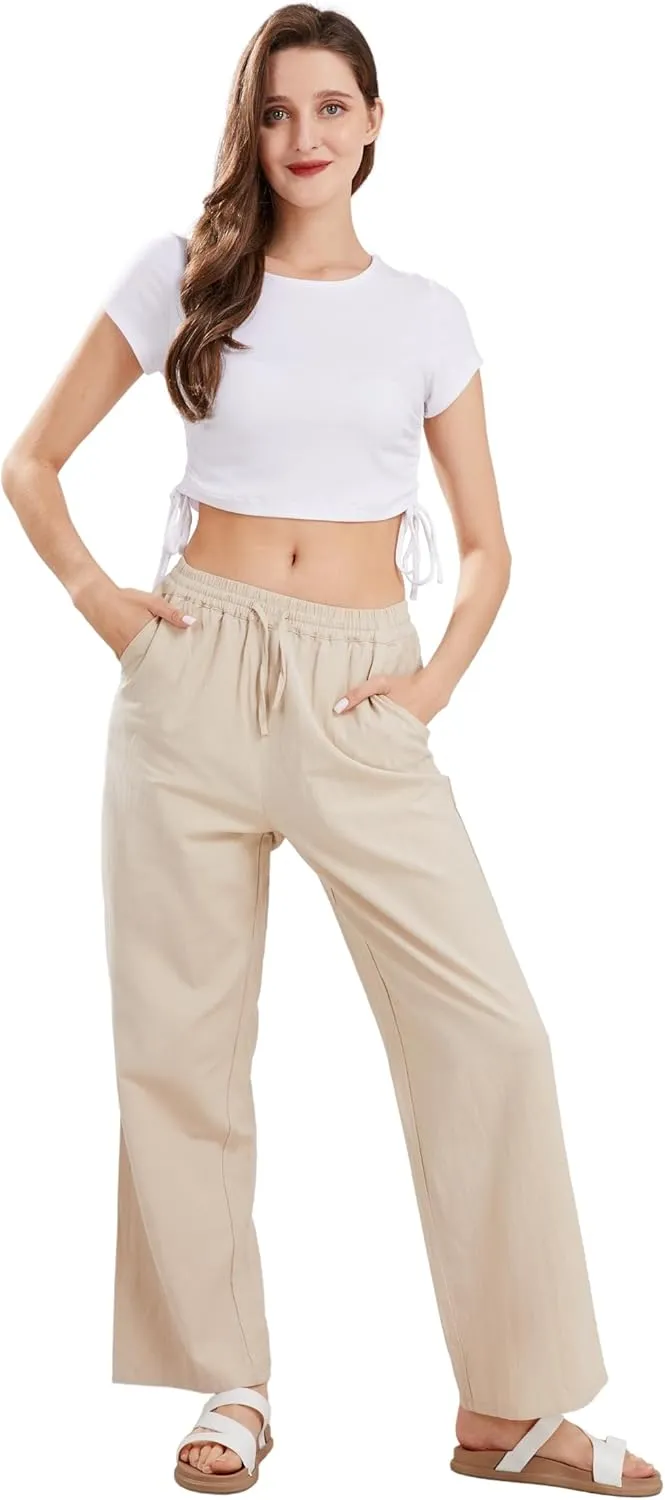CHARTOU Women's Summer Drawstring Waist Wide Leg Loose Cotton Linen Palazzo Pants
