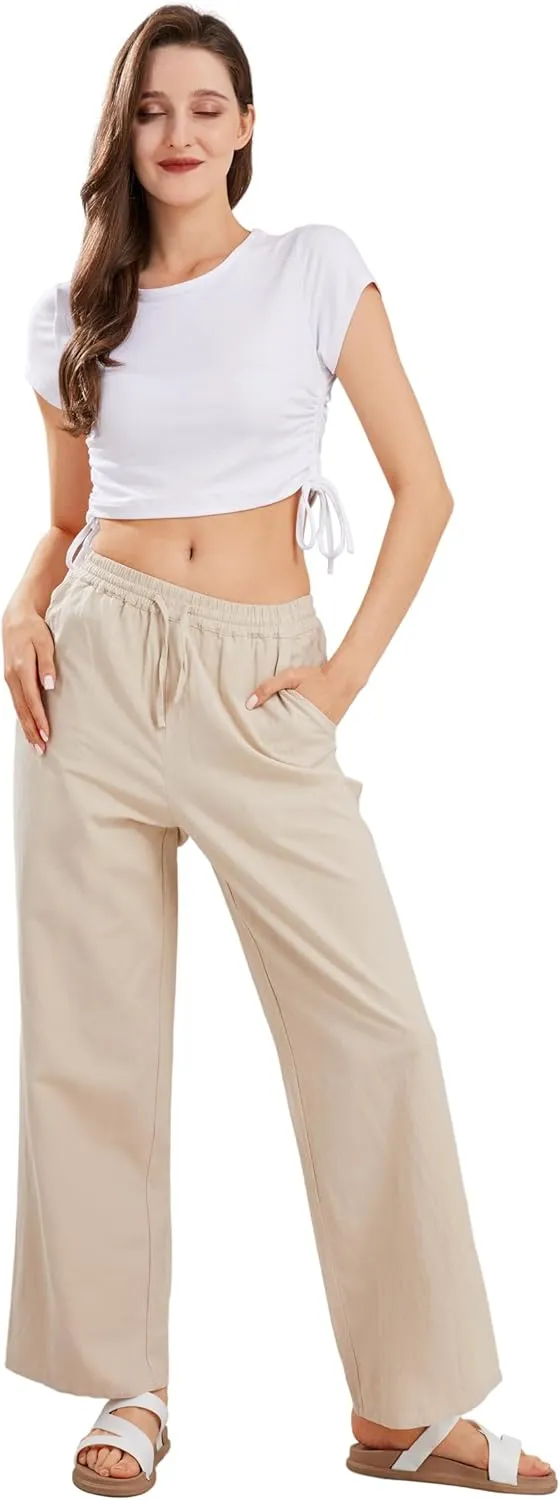 CHARTOU Women's Summer Drawstring Waist Wide Leg Loose Cotton Linen Palazzo Pants