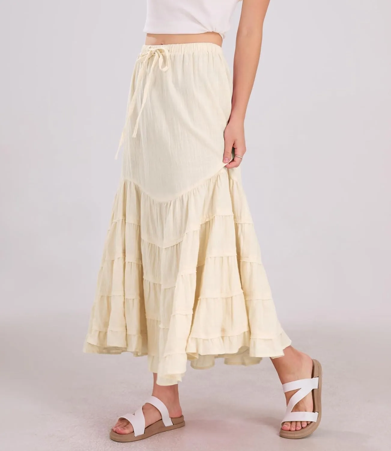 chouyatou Women's Boho Ruffle Swing Mermaid Maxi Skirt High Elastic Waist Tiered Beach Party Long Skirt
