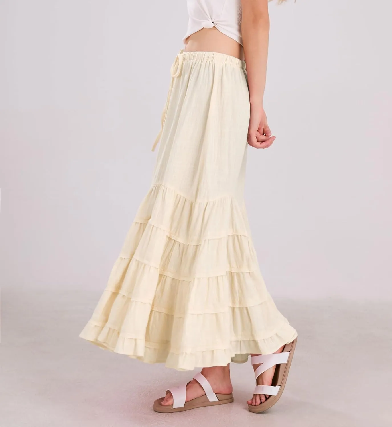 chouyatou Women's Boho Ruffle Swing Mermaid Maxi Skirt High Elastic Waist Tiered Beach Party Long Skirt