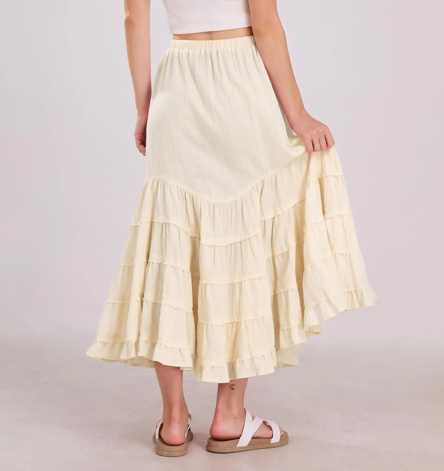 chouyatou Women's Boho Ruffle Swing Mermaid Maxi Skirt High Elastic Waist Tiered Beach Party Long Skirt