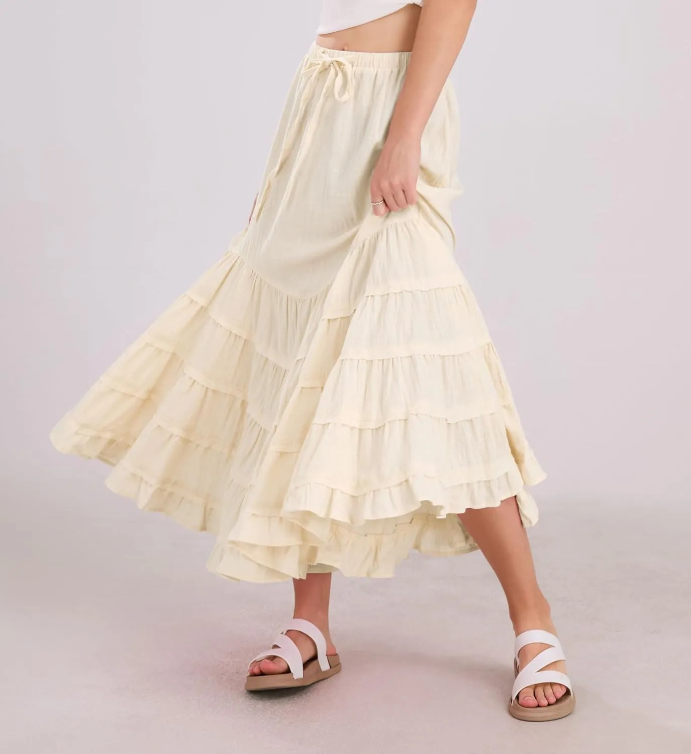 chouyatou Women's Boho Ruffle Swing Mermaid Maxi Skirt High Elastic Waist Tiered Beach Party Long Skirt