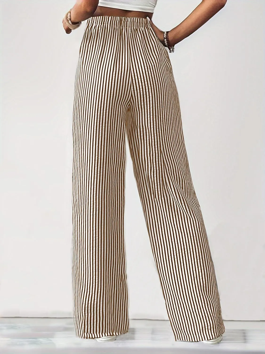 chouyatou Women's Casual Striped Wide Leg Pants Drawstring Elastic Waist Dress Palazzo Pants with Pockets