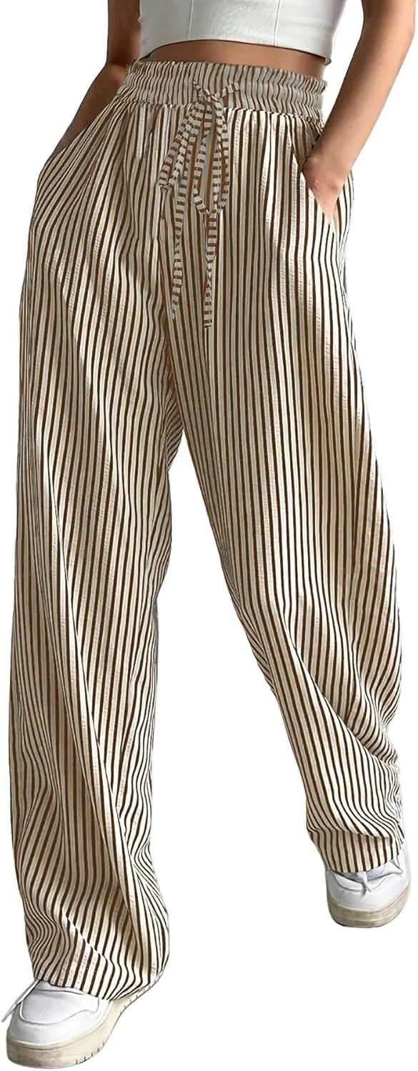 chouyatou Women's Casual Striped Wide Leg Pants Drawstring Elastic Waist Dress Palazzo Pants with Pockets