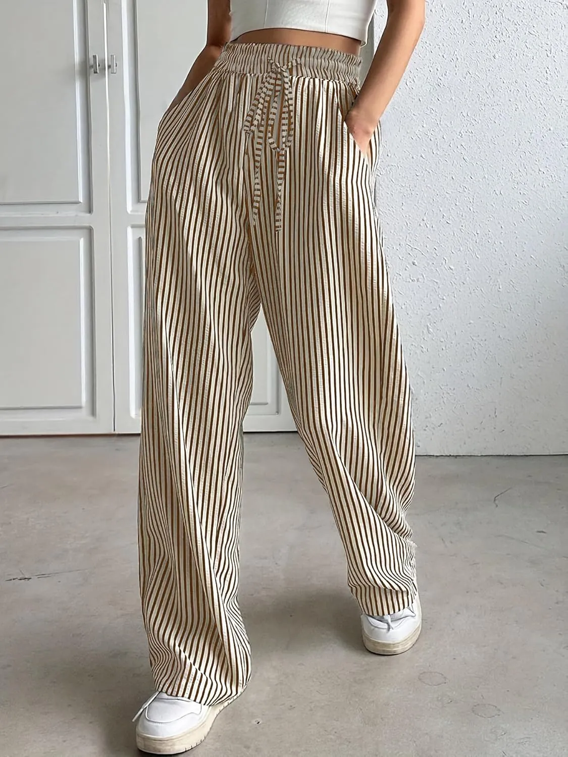 chouyatou Women's Casual Striped Wide Leg Pants Drawstring Elastic Waist Dress Palazzo Pants with Pockets