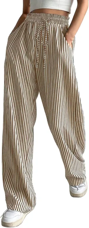 chouyatou Women's Casual Striped Wide Leg Pants Drawstring Elastic Waist Dress Palazzo Pants with Pockets