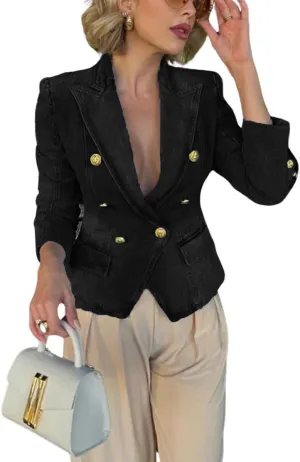 chouyatou Women's Fall Casual Notch Lapel Denim Blazer Suit Button Down Business Office Slim Fit Jean Jacket