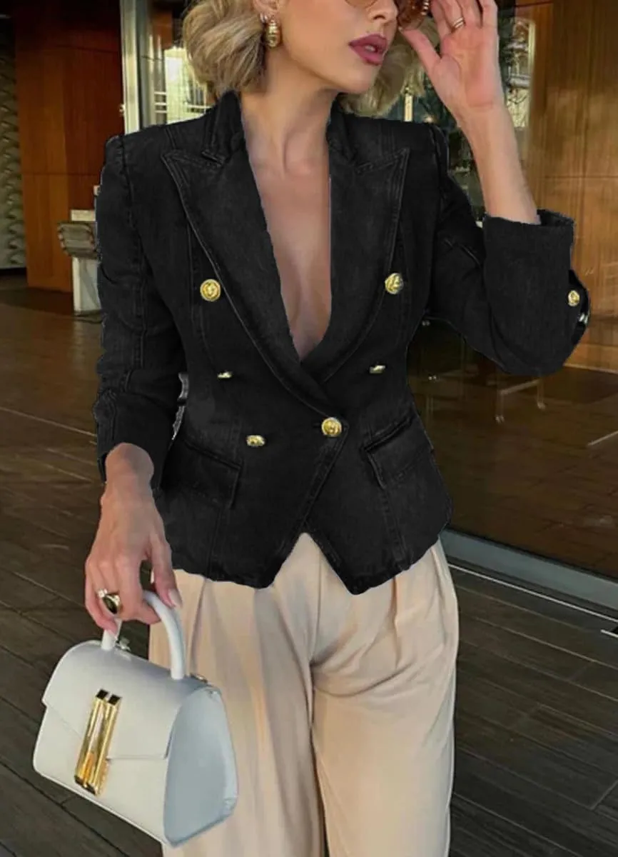 chouyatou Women's Fall Casual Notch Lapel Denim Blazer Suit Button Down Business Office Slim Fit Jean Jacket