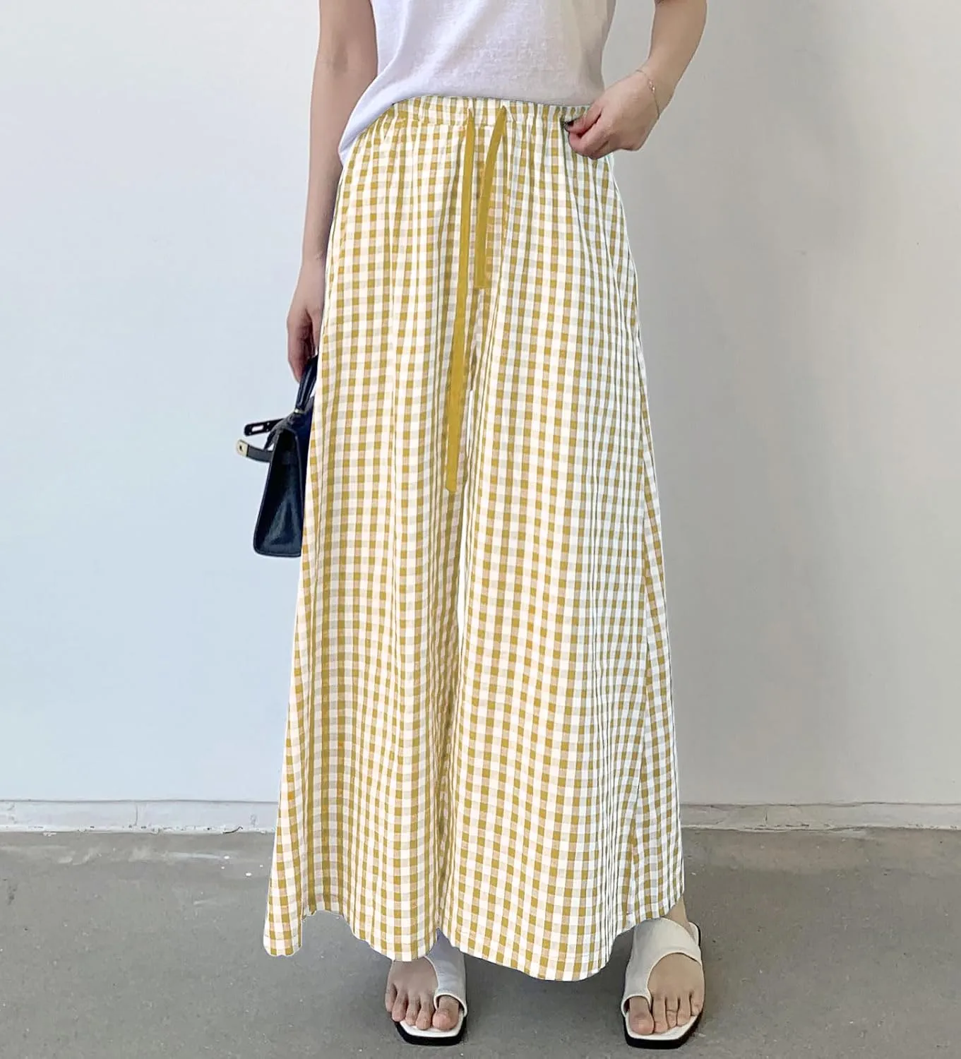 chouyatou Women's Plaid Wide Leg Culotte Pants Gingham High Elastic Waisted Cropped Palazzo Pants with Pockets