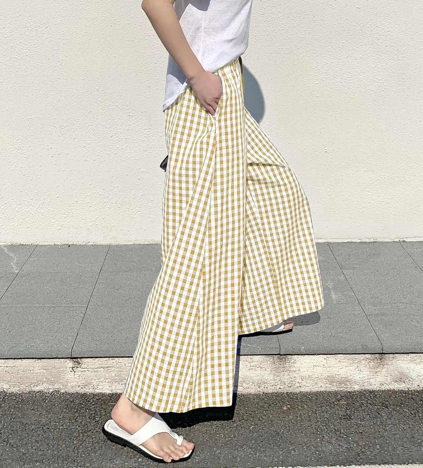 chouyatou Women's Plaid Wide Leg Culotte Pants Gingham High Elastic Waisted Cropped Palazzo Pants with Pockets