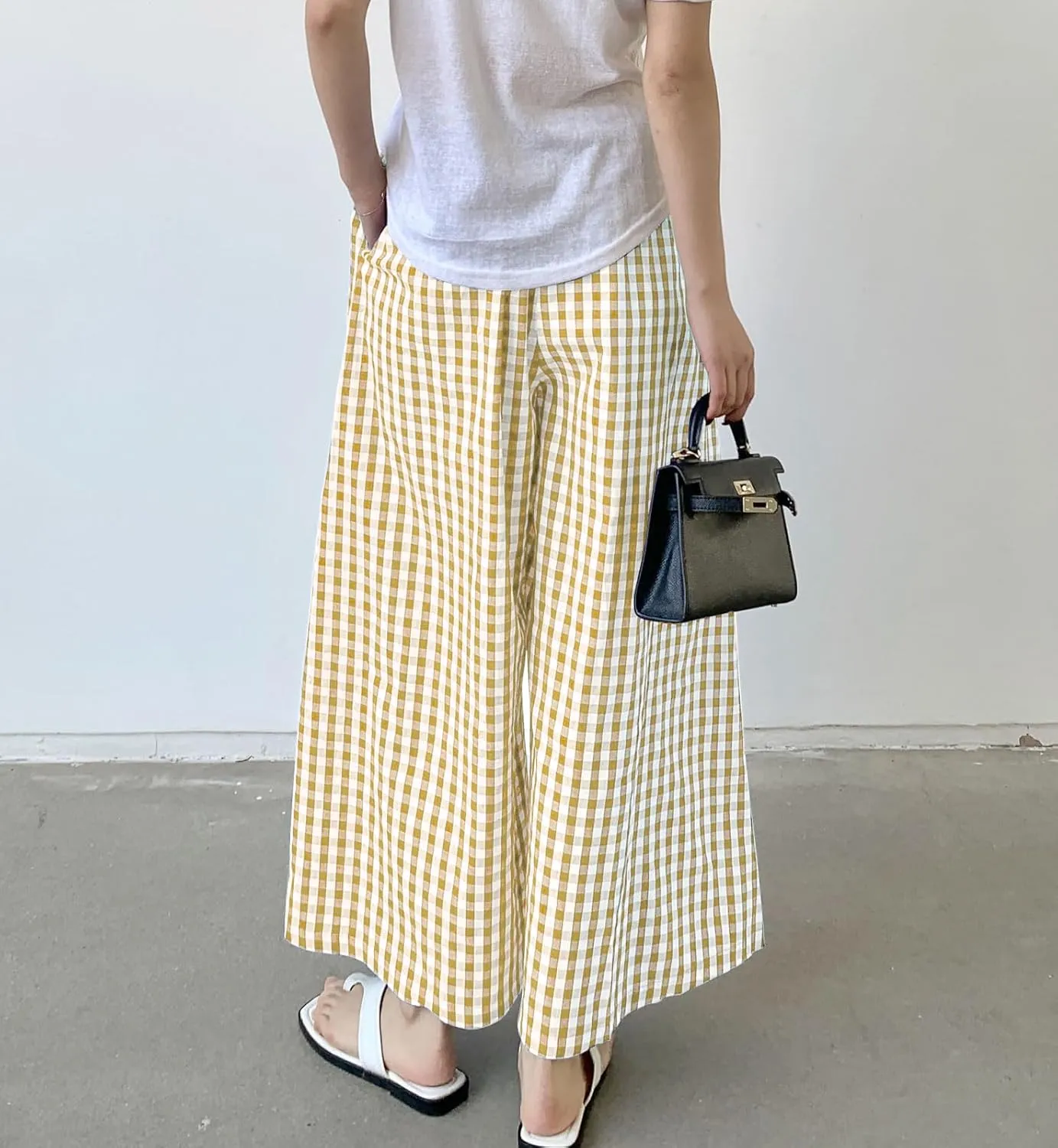 chouyatou Women's Plaid Wide Leg Culotte Pants Gingham High Elastic Waisted Cropped Palazzo Pants with Pockets