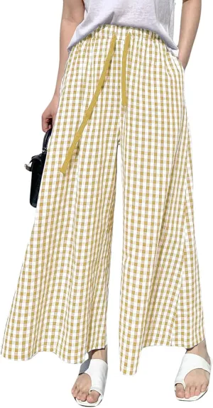 chouyatou Women's Plaid Wide Leg Culotte Pants Gingham High Elastic Waisted Cropped Palazzo Pants with Pockets