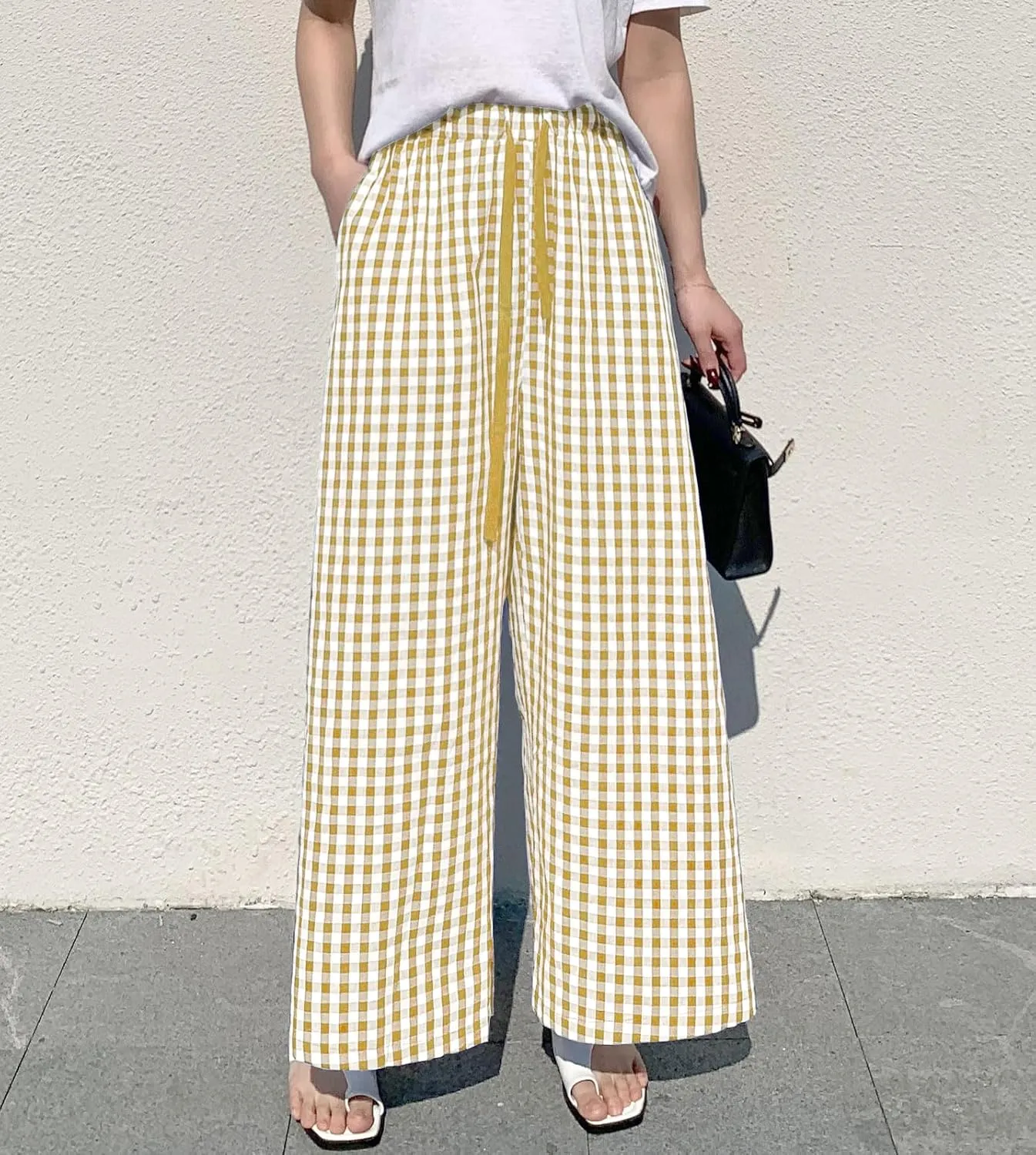 chouyatou Women's Plaid Wide Leg Culotte Pants Gingham High Elastic Waisted Cropped Palazzo Pants with Pockets