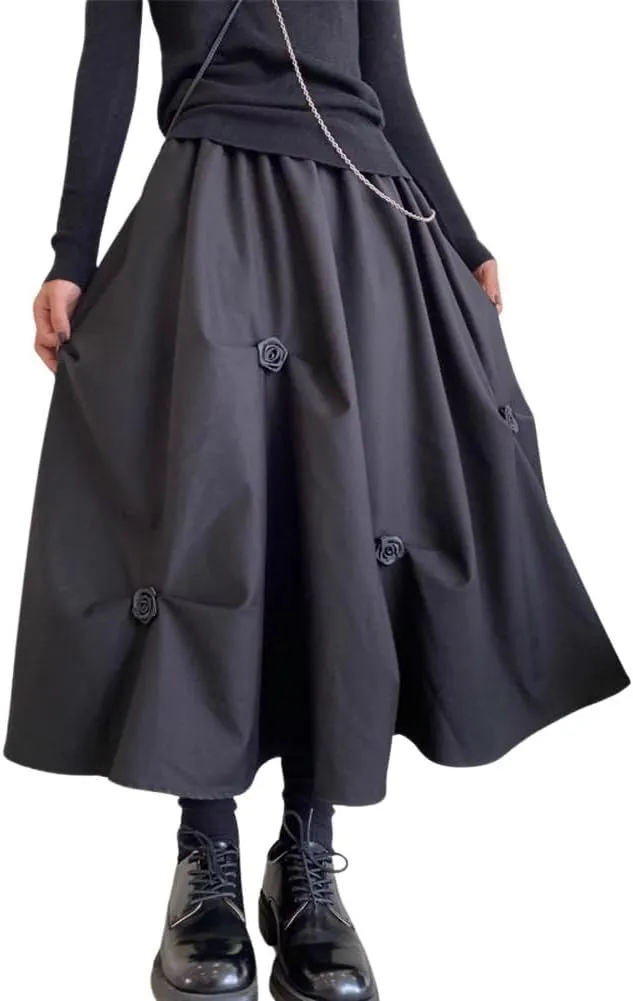chouyatou Women's Retro Floral Applique Elastic Waist A Line Pleated Swing Midi Long Skirt