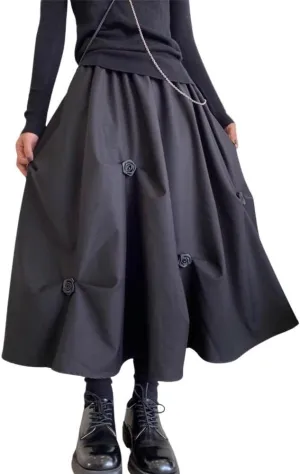 chouyatou Women's Retro Floral Applique Elastic Waist A Line Pleated Swing Midi Long Skirt
