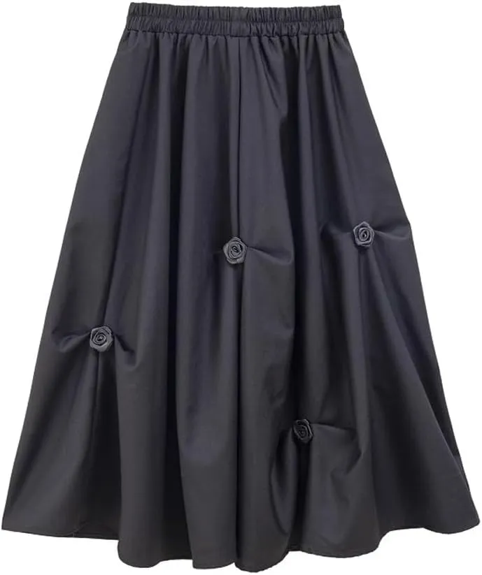 chouyatou Women's Retro Floral Applique Elastic Waist A Line Pleated Swing Midi Long Skirt