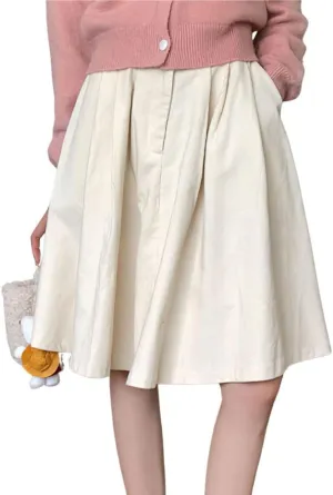 chouyatou Women's Vintage Corduroy Pleated Midi Skirt High Elastic Waist A-Line Swing Skirt with Pockets