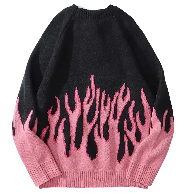 Cool Retro Sweater with Pink Flame Pattern / O-neck Oversize Casual Sweaters for Men and Women