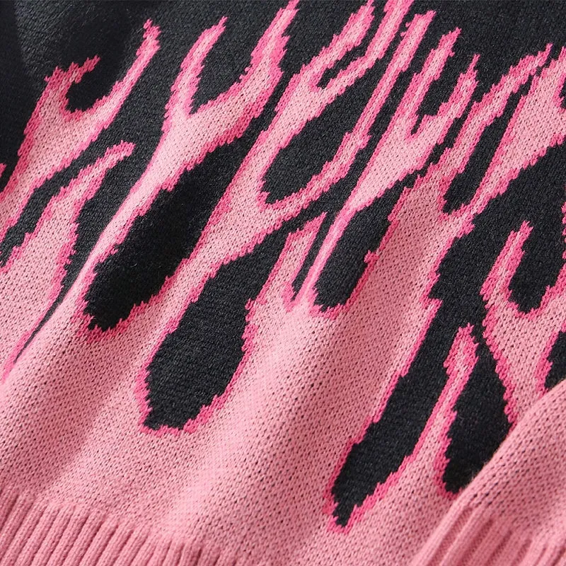 Cool Retro Sweater with Pink Flame Pattern / O-neck Oversize Casual Sweaters for Men and Women