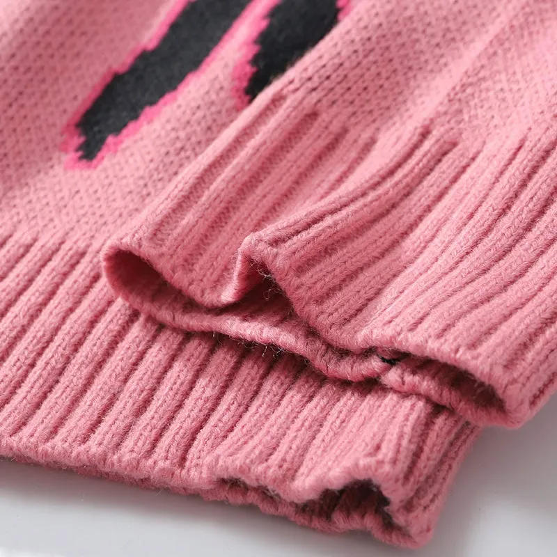 Cool Retro Sweater with Pink Flame Pattern / O-neck Oversize Casual Sweaters for Men and Women